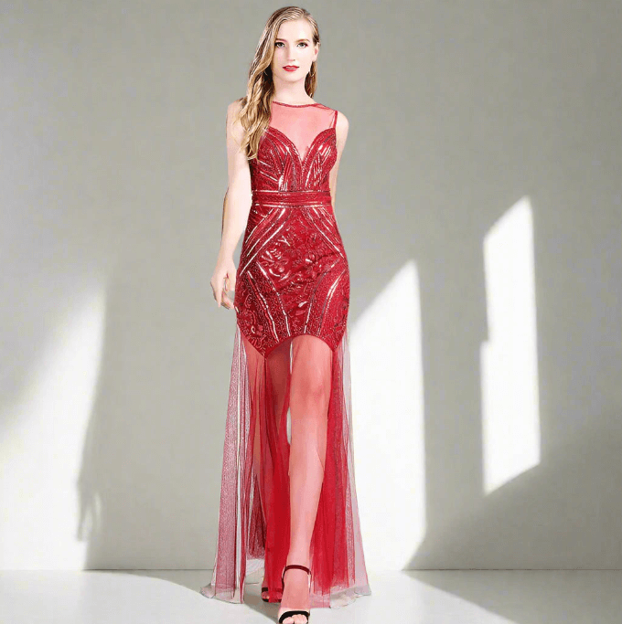 Woman wearing a red evening gown