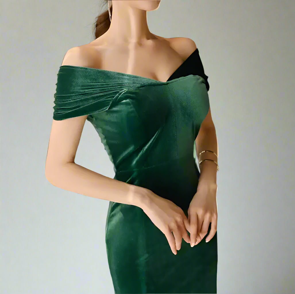 Woman wearing a green off-shoulder dress