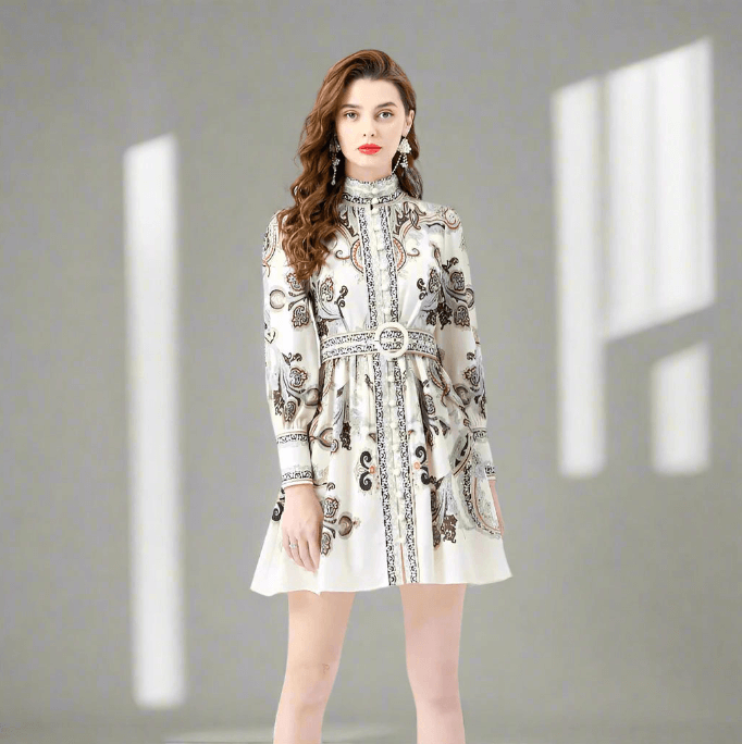 Woman wearing a patterned dress 