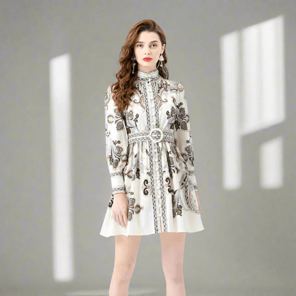 Woman wearing a patterned dress 