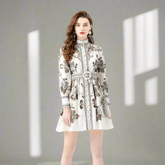 Woman wearing a patterned dress 
